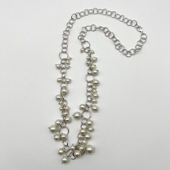 Dangling White Faux Pearl Cluster Silver Tone Circle Chain Fashion Necklace 29” - Picture 2 of 10